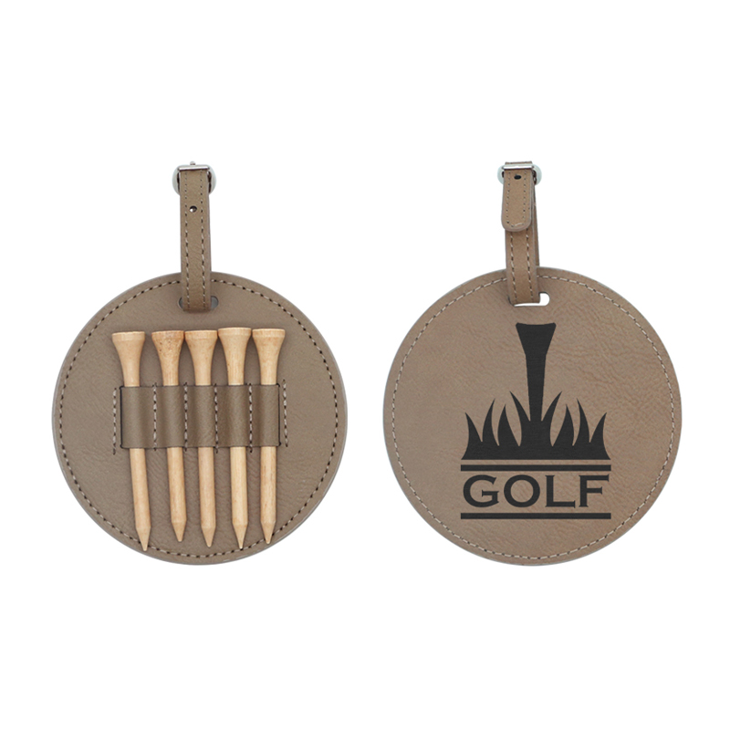 Laserbare ronde golftastag van kunstleer met 5 houten T-stukken